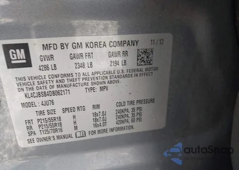 2013 Buick Encore Convenience from USA, damaged, VIN KL4CJBSB4DB062171